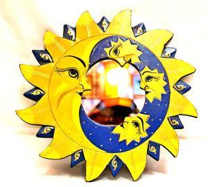 Painted Sun Logo - Beautiful Wall Mirror Colorful Carved Painted Sun Moon Yellow Blue