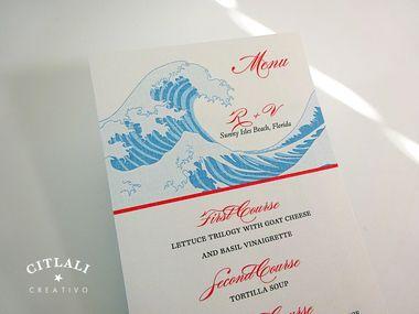 Great Wave of Red in Logo - The Great Wave Wedding Menu Cards in Blue & Red - Citlali Creativo LLC