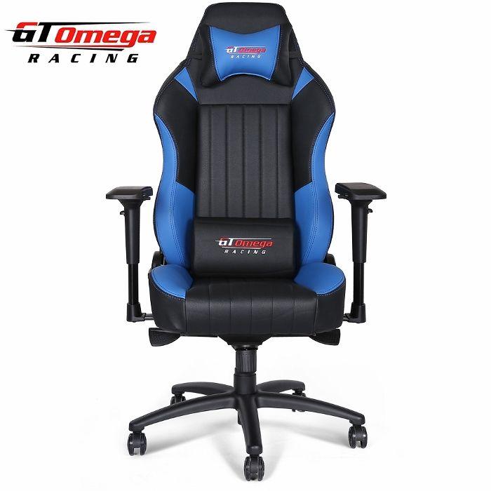 Blue and Black GT Logo - GT Omega EVO XL Racing Office Chair Black and Blue Leather