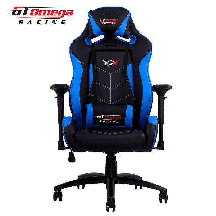 Blue and Black GT Logo - GT Omega ELITE Racing Office Chair Black and Blue Leather
