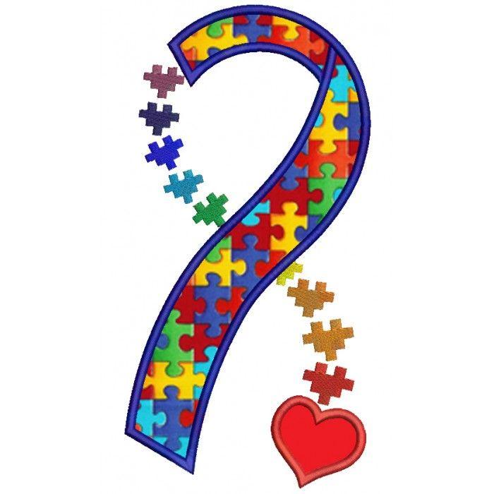 Autism Awareness Logo - Heart Autism Awareness Ribbon Applique Machine Embroidery Design