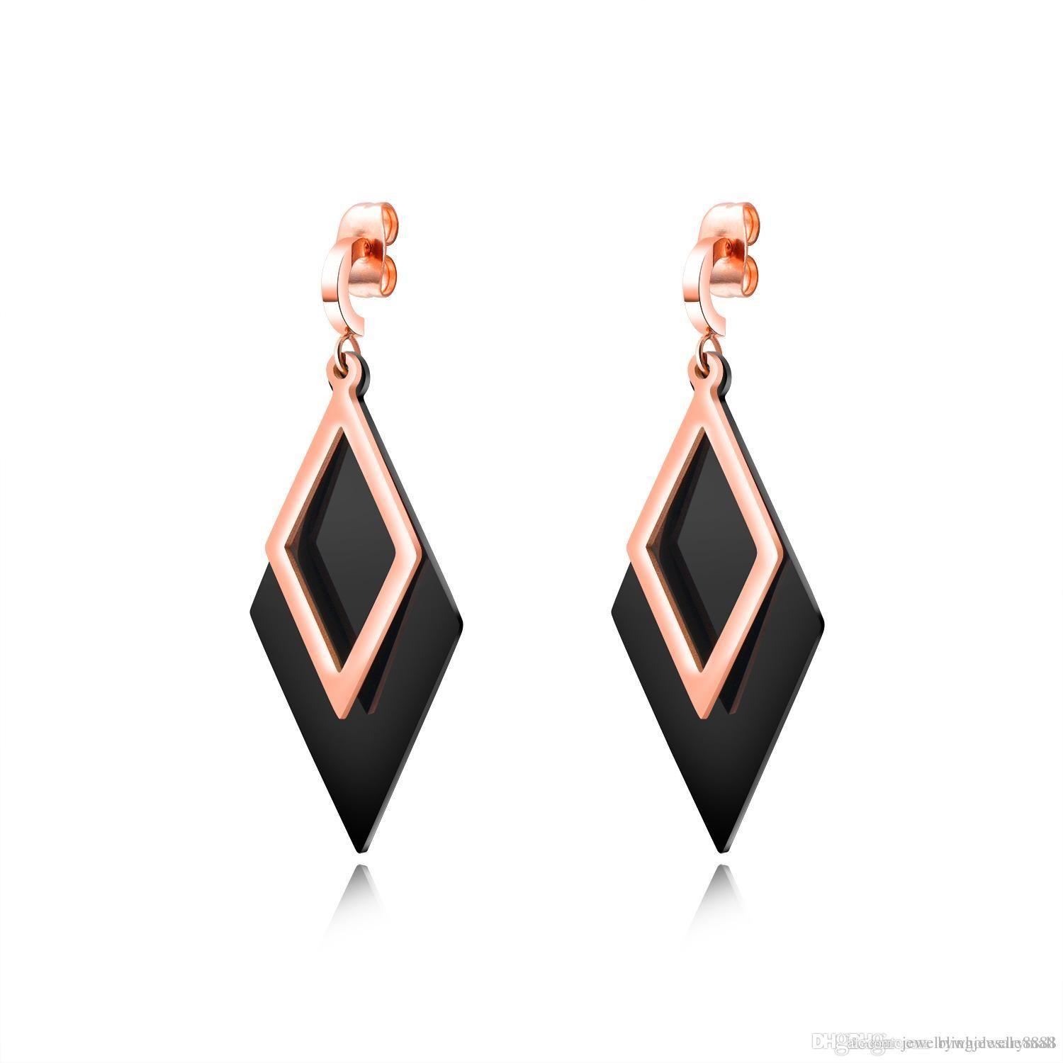 Double Rhombus Logo - New Fashion Women Double Rhombus Dangle Earrings Rose Gold