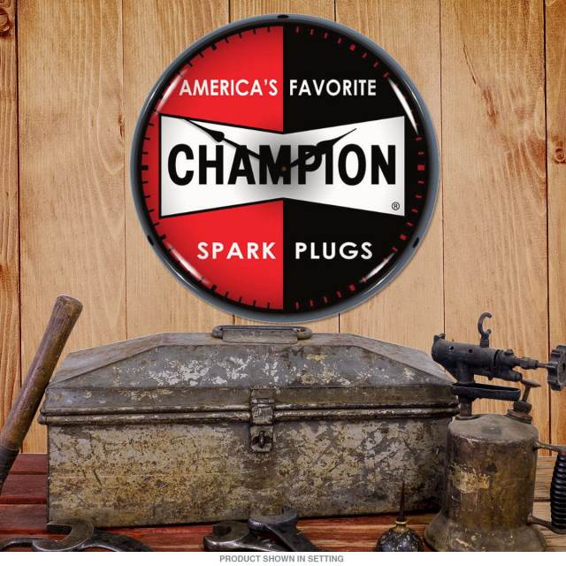 Vintage Champion Spark Plug Logo - Champion Spark Plugs Logo Light Up Garage Clock at Retro Planet