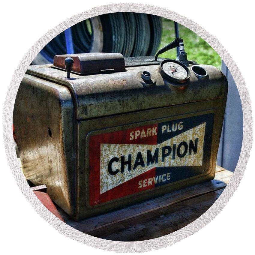 Vintage Champion Spark Plug Logo - Vintage Champion Spark Plug Cleaner Round Beach Towel