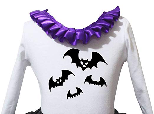 L That Begind with Purple and White Logo - Petitebelle Halloween Bats Purple Neck Ruffle White L S Shirt Girl