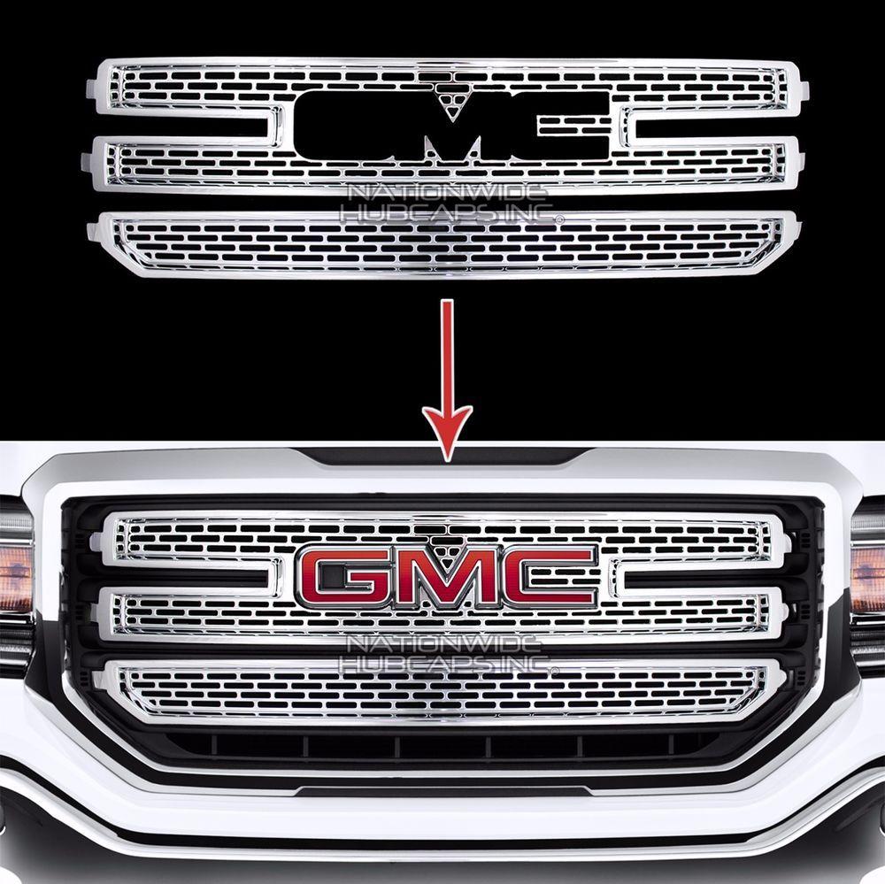 GMC Grill Logo - 2016 18 GMC Sierra 1500 CHROME Snap On Grille Overlay 3 Bar Grill