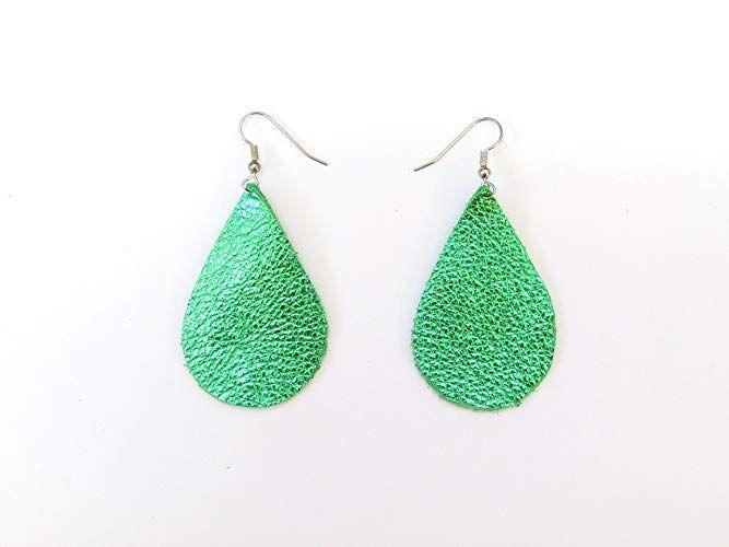 Green Teardrop and Triangle Logo - Leather Teardrop Earrings, Green Earrings, Recycled