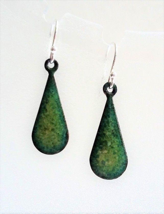 Green Teardrop and Triangle Logo - Green teardrop enamelled copper earrings 090