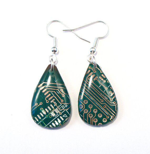 Green Teardrop and Triangle Logo - Circuit Board Earrings Green Teardrop Recycled Jewelry PCB | Etsy