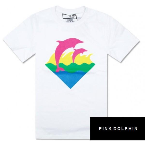 White Pink Dolphin Logo - Pink Dolphin Twin Waves T Shirt (White)