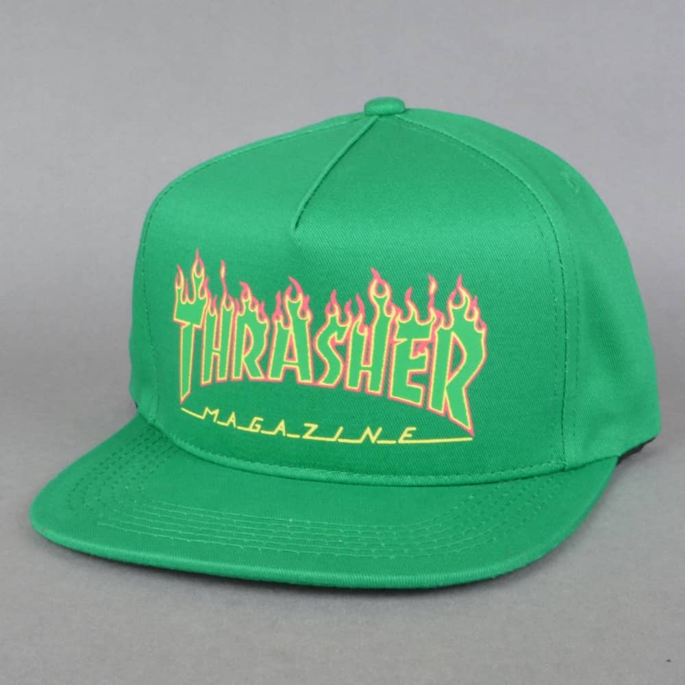 Green Flame Logo - Thrasher Flame Logo Snapback Cap - Green/Rasta - SKATE CLOTHING from ...