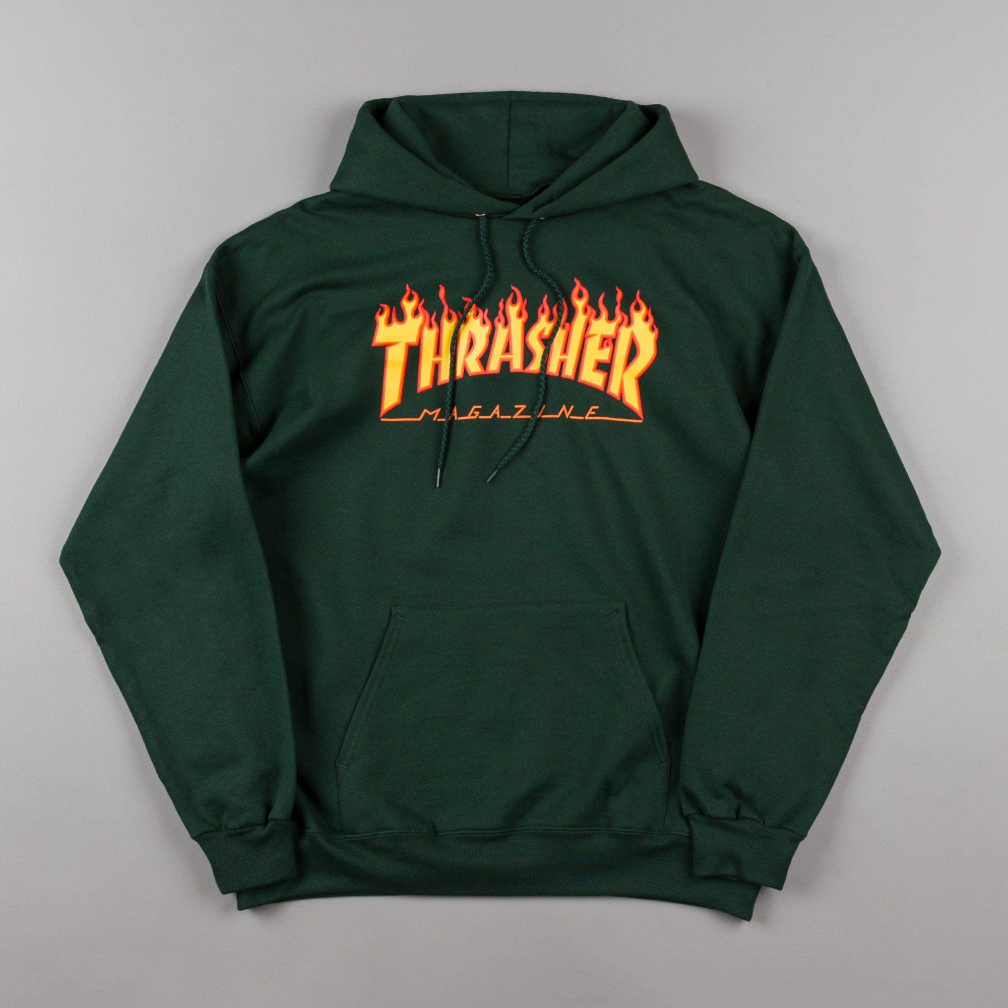 Green Flame Logo - Thrasher Flame Logo Hooded Sweatshirt - Forest Green | Flatspot