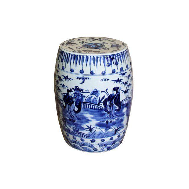 White with Blue People Logo - Chinese Blue & White Porcelain Round People Theme Stool | Chairish