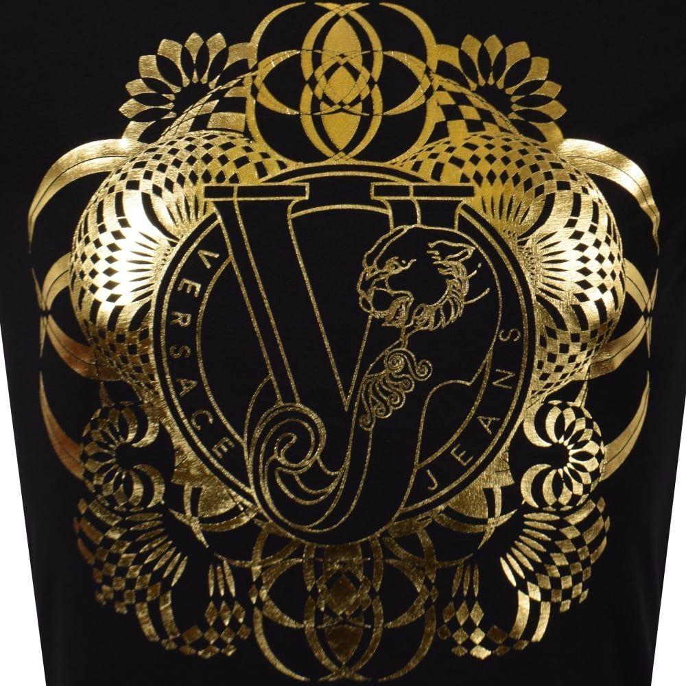 Black and Gold Versace Logo - VERSACE JEANS Versace Jeans Black Gold Large Logo T Shirt