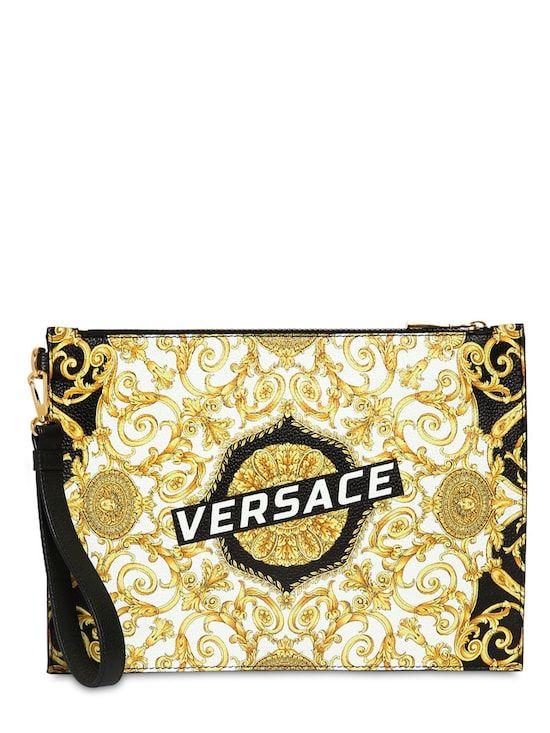 Black and Gold Versace Logo - VERSACE, Logo baroque print leather pouch, Black/gold, Luisaviaroma