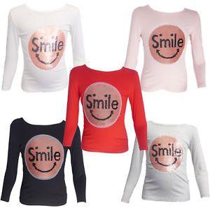 Two Red Girls Logo - Girls Two 2 Way Brush Emoji Sequin Long Sleeve T-Shirt Top Smile ...