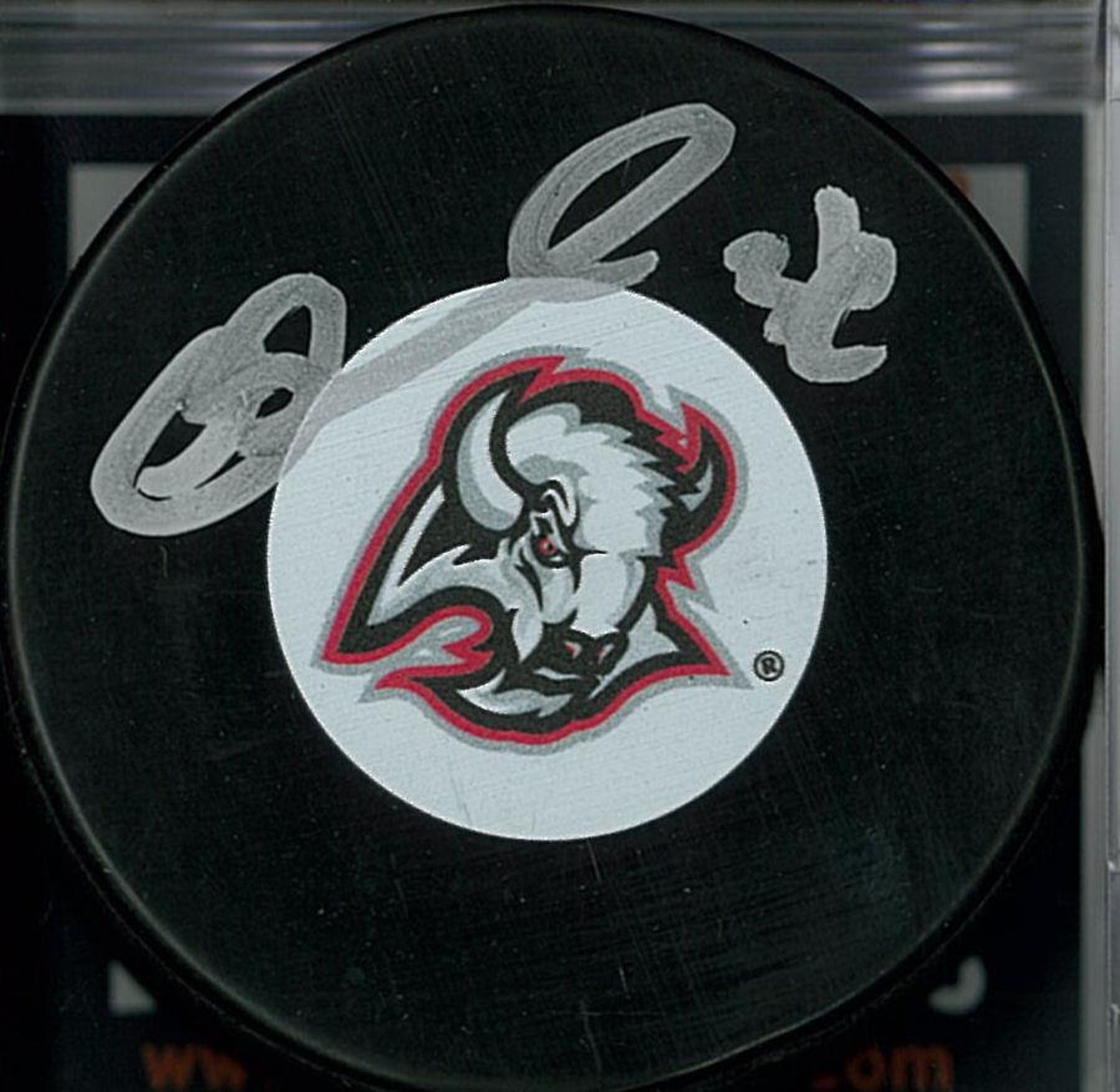 Red and Black Sabres Logo - Matthew Barnaby Autographed Buffalo Sabres Red & Black Hockey Puck