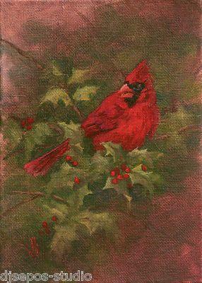 Red and Green with a Red Bird Logo - Daily Painting a Day Sepos Red Cardinal in Holly bush for bird