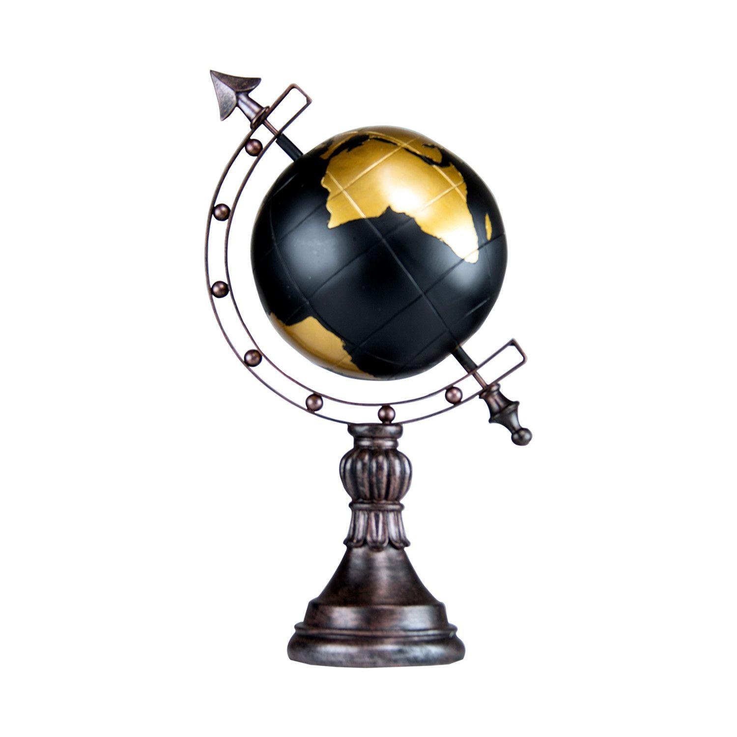 Black Gold Globe Logo - Antique Globe with Stand + Arrow (Black + Gold in Satin)