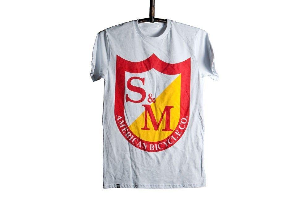 White M Red Shield Logo - S and M Big Shield BMX T-shirt White/Red/Yellow - Alans BMX