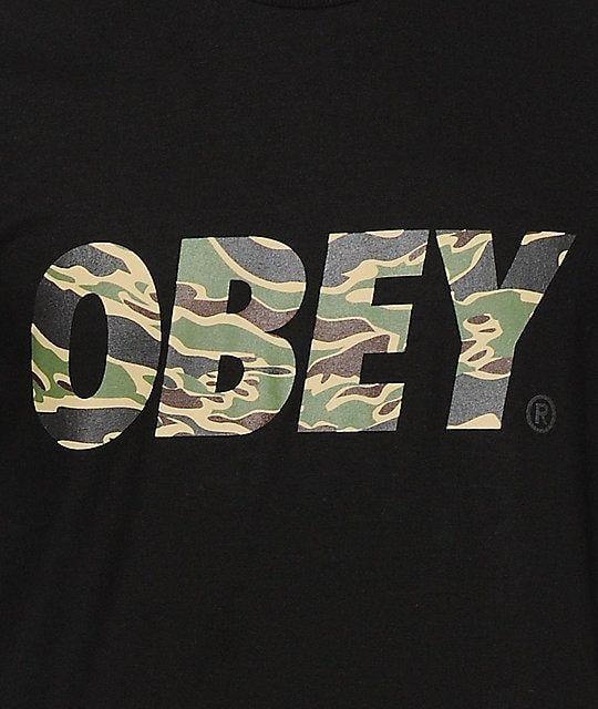 Black Obey Logo - Obey Tiger Camo Font Black T-Shirt