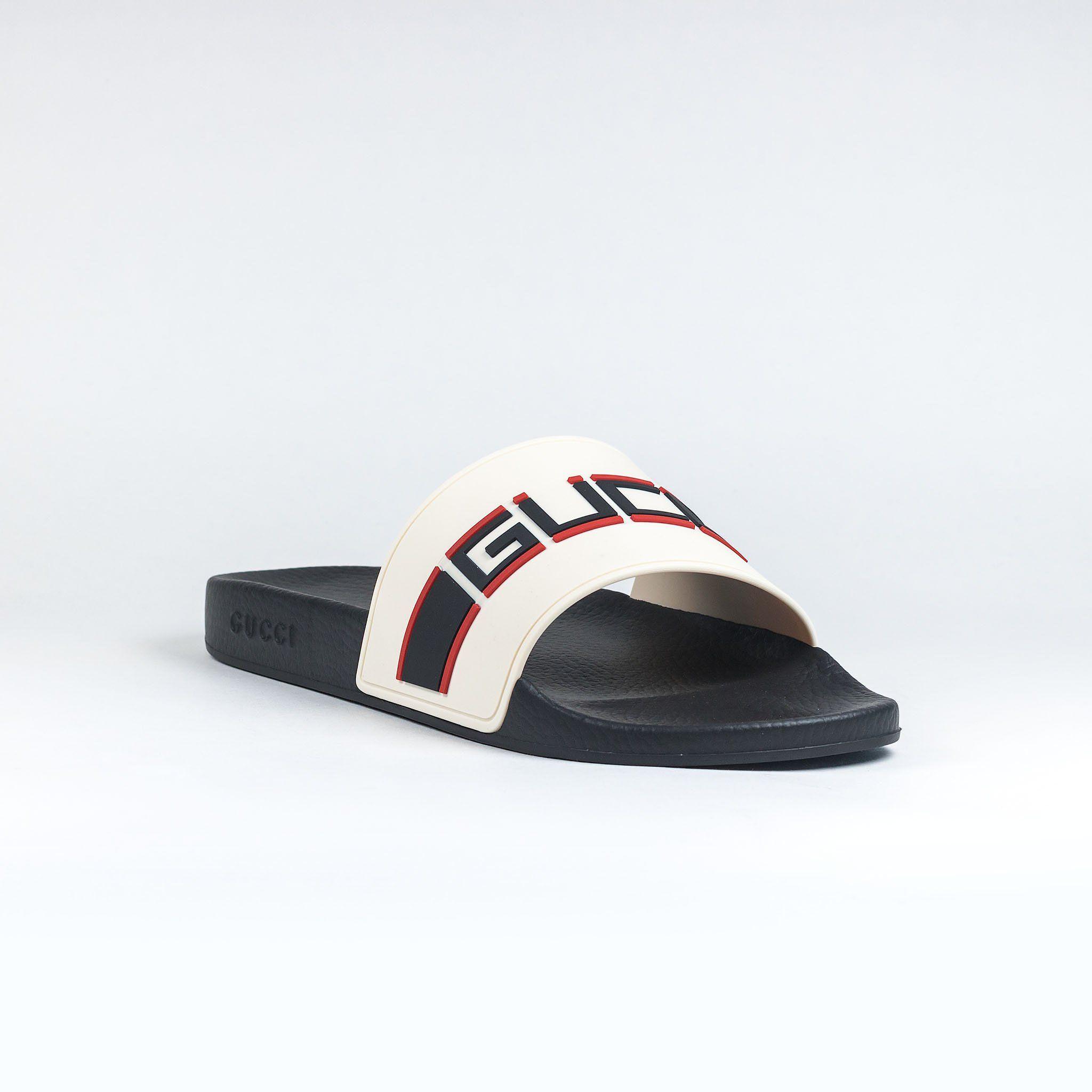 Red and Cream Logo - Gucci Band Logo Pool Slides Cream Black Red
