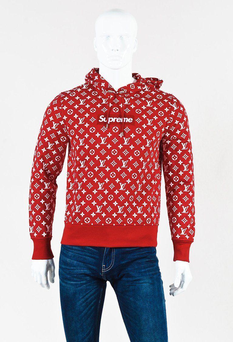 LV Red Supreme Box Logo - Louis Vuitton x Supreme Men's Red & White Knit Monogram Hooded ...