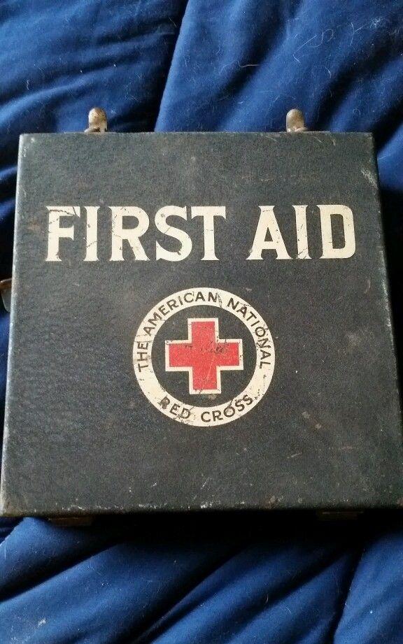Red Cross Box Logo - Antique / vintage american red cross first aid kit black metal box ...