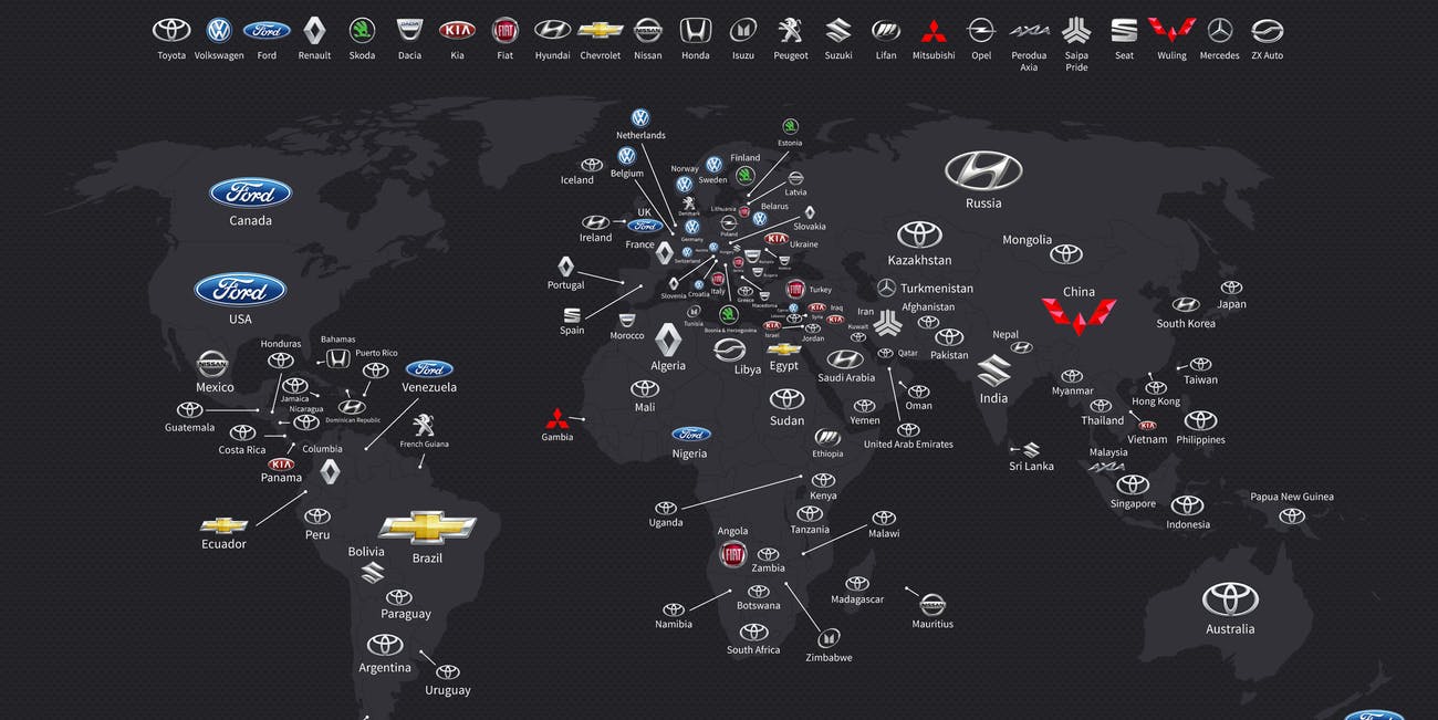 Most Popular Car Brand Logo - This Map Shows the Most Popular Car Brand in Every Country | Inverse