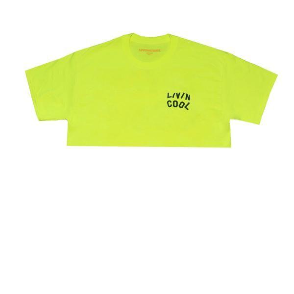 Yellow and Green Wavy Logo - LIVINCOOL WAVY BLACK LOGO SAFETY GREEN CROP TOP