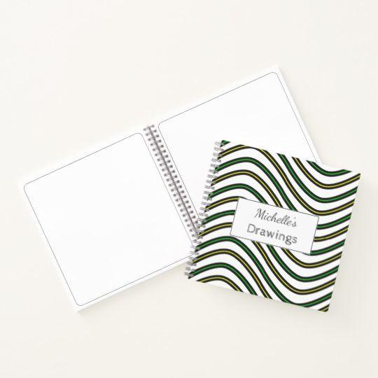 Yellow and Green Wavy Logo - Name + Black, Yellow & Green Wavy Lines Pattern Notebook