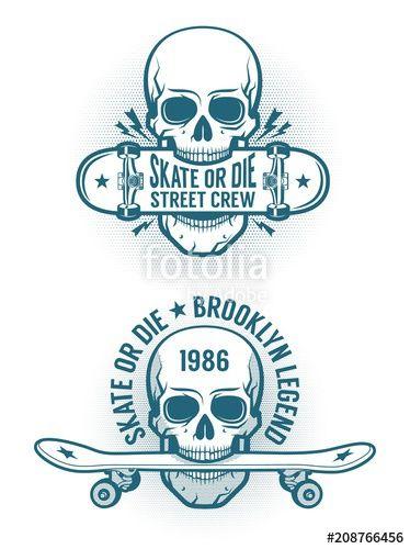 Old School Skateboard Logo - Skater emblem tattoo with skull holding skateboard in the teeth. Old ...