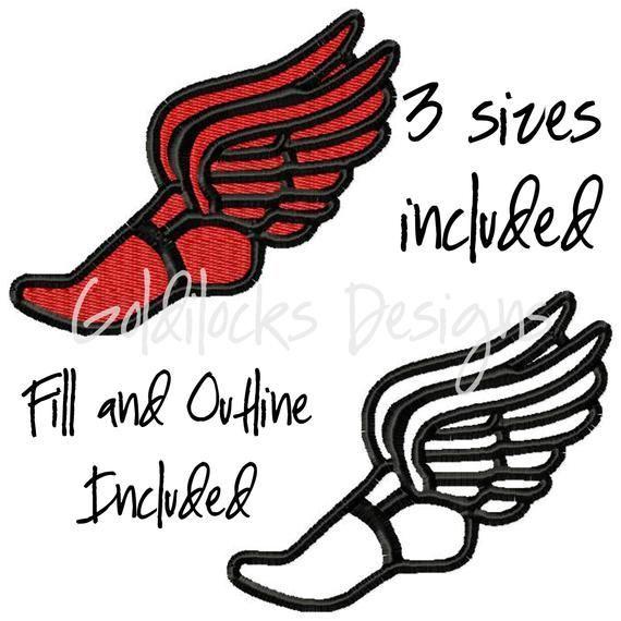 Track Foot Logo - Winged shoe track and field embroidery design in 3 sizes in both
