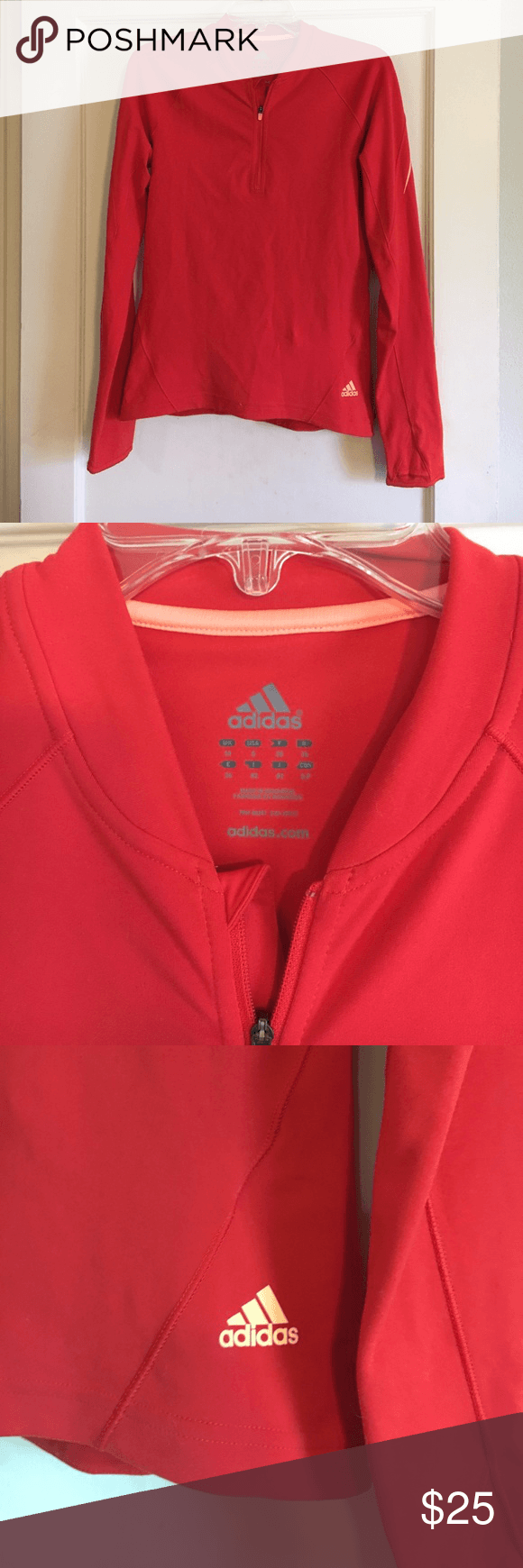 Red and Peach Logo - Adidas jogging shirt Poppy red with peach accent logo and stripe