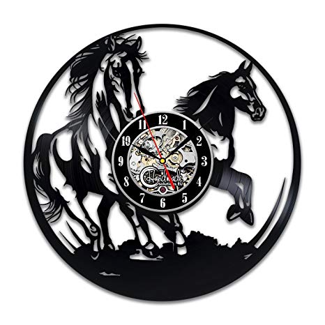 Galloping White Horse Circle Logo - Black Horses Vinyl Wall Clock Galloping Racing Horse