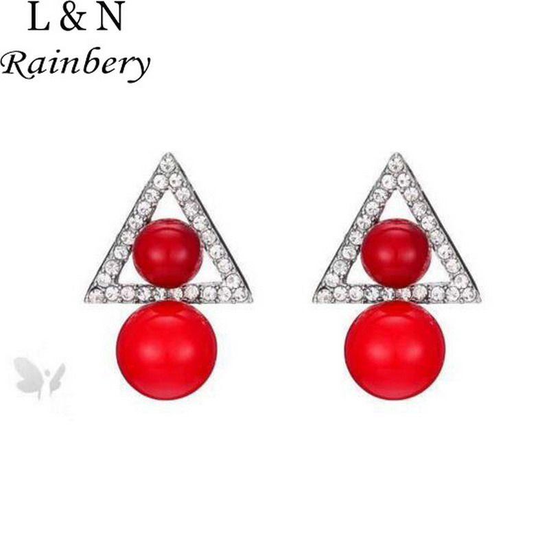 Double White Red Triangle Logo - Rainbery 925 Silver Stud Earrings Double White Red Pearl Triangle