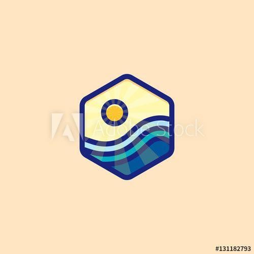 Colored Sun Logo - Flat colored logo of sea with sun. Vector hexagon badge. Outline ...