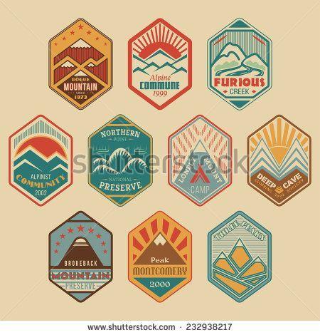 Colored Sun Logo - Set of retro-colored alpinist and mountain climbing outdoor activity ...