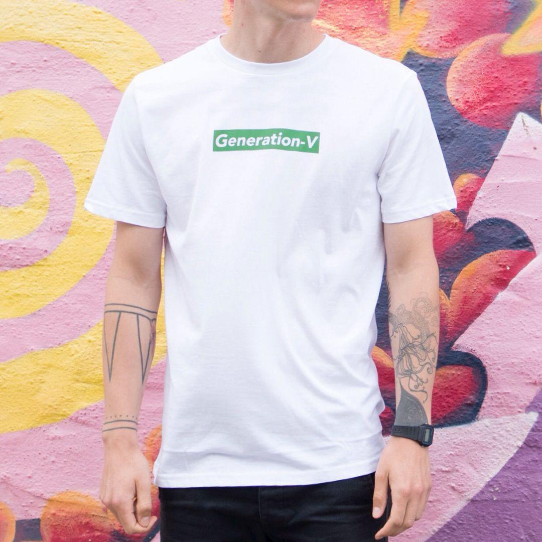 White and Green Box Logo - Vegan Clothing - Generation-V T-Shirt - Green Box Logo White Tee