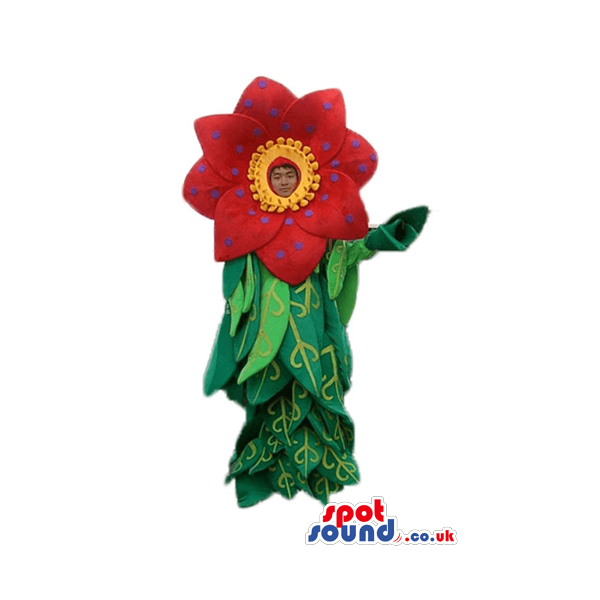 Green Flower Red Petal Logo - Flower with red petals, a yellow center and purple dots and lots