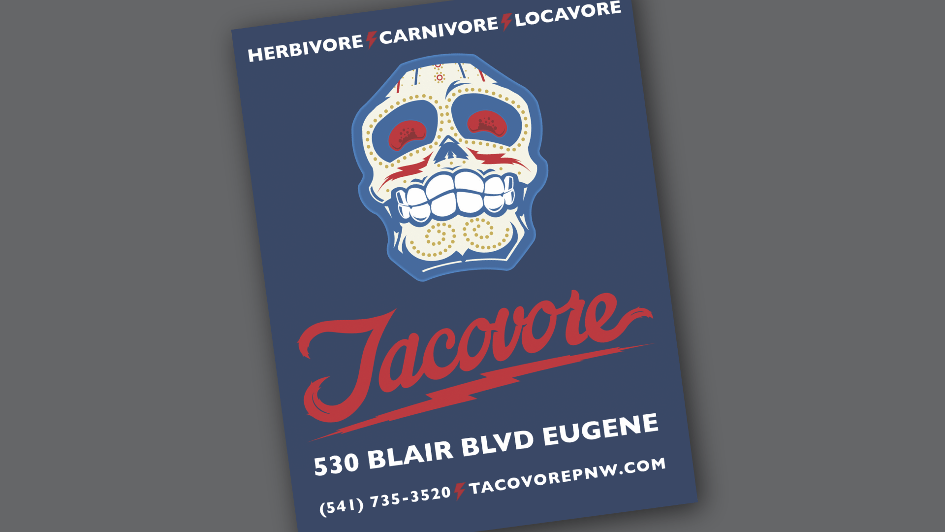 Lightning Bolt Restaurant Logo - Love this logo for Tacovore in Eugene. The skull is too edgy for us