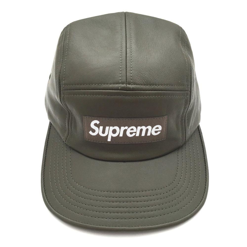 Green and Gray Logo - Supreme New York Men's Olive Green Leather Box Logo Camp Cap Hat ...