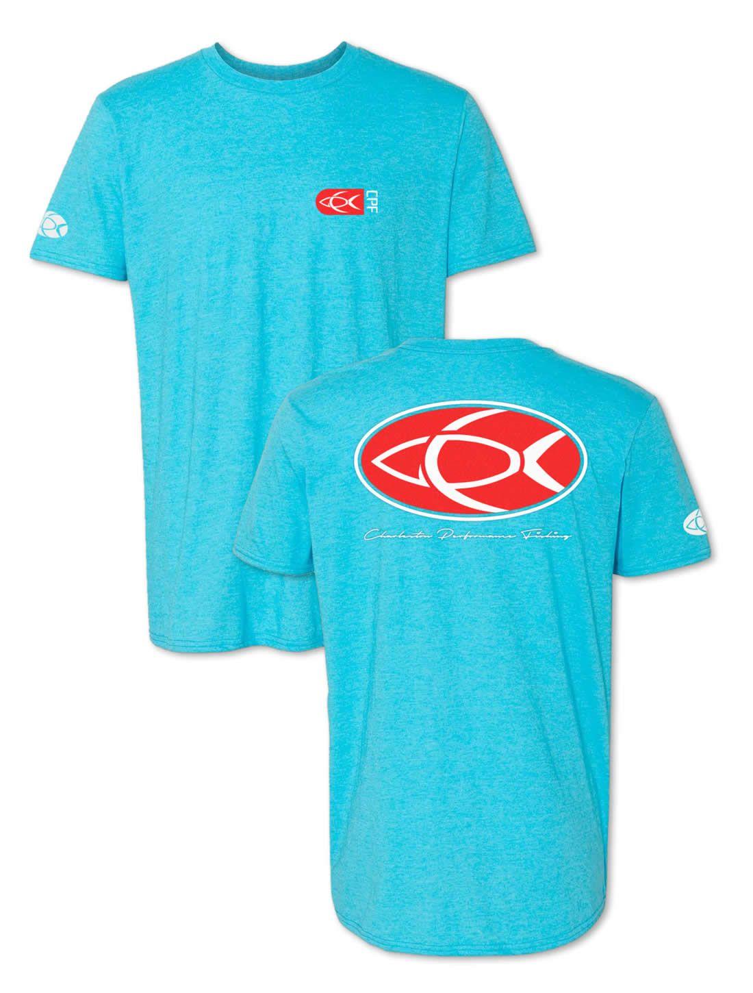 Red and Blue Oval Logo - Oval Back Red Graphic Aqua Blue Fishing T-Shirt - CPF Gear