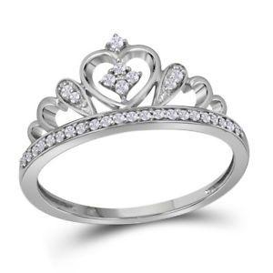 Silver Diamond Crown Logo - Sterling Silver Womens Round Diamond Crown Tiara Heart Ring 1 6 Cttw