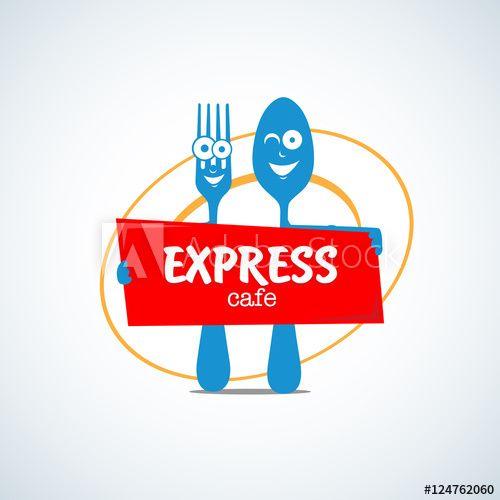 Red and Yellow Cafe Logo - Fast food, express cafe logo template. Fork and spoon cartoon
