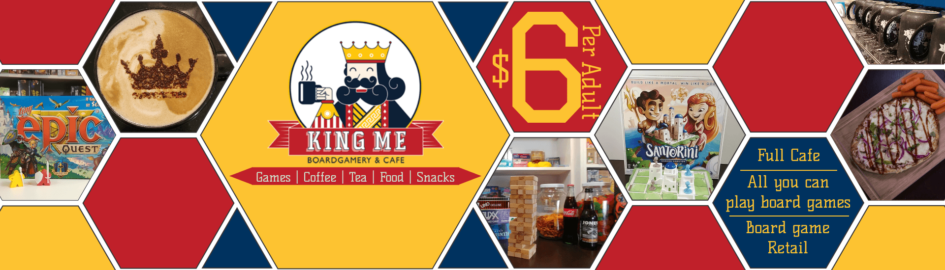 Red and Yellow Cafe Logo - King Me Boardgamery and Cafe
