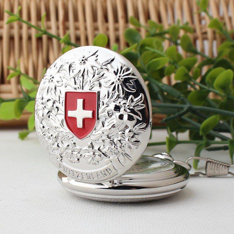 Watch with Red Cross Logo - Silver Antique Mechanical Pocket Watch Retro Hand Wind Swiss Red