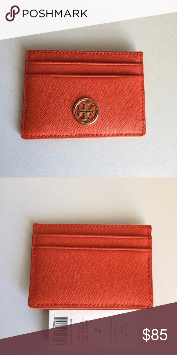 Red and Gold with 4 On the Front Logo - Tory Burch Robinson Slim Card Case Saffiano leather Gold tone T logo ...