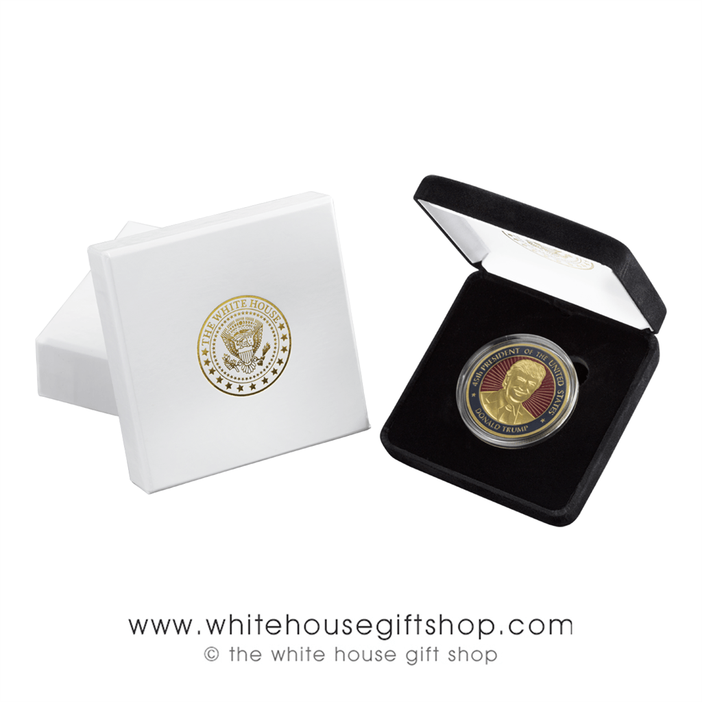 Red and Gold with 4 On the Front Logo - Large medallion Trump coin, Custom display box, Premium outer ...