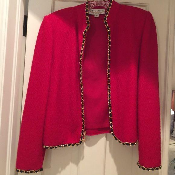 Red and Gold with 4 On the Front Logo - St John Couture jacket This St John Couture, size 4, red boucle knit ...